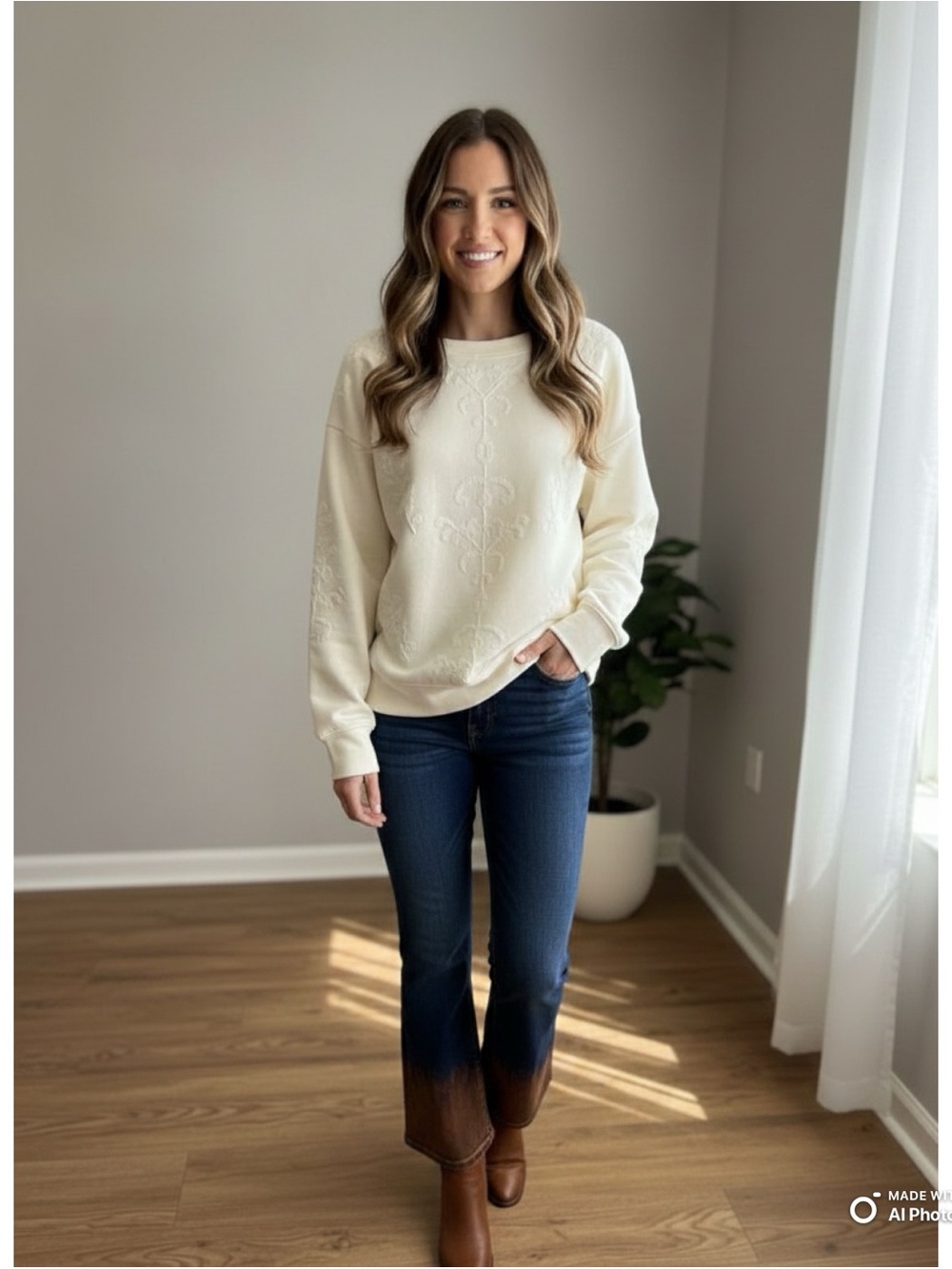!!NWT!! LOFT Cream Floral Embroidered Terry Puff Sleeve Sweatshirt - Size L - Picture 2 of 12